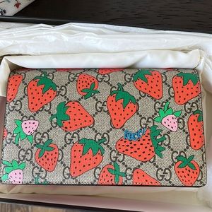 Gucci Chain Monogram Strawberry Wallet Coated Canvas and Leather Cross Body Bag